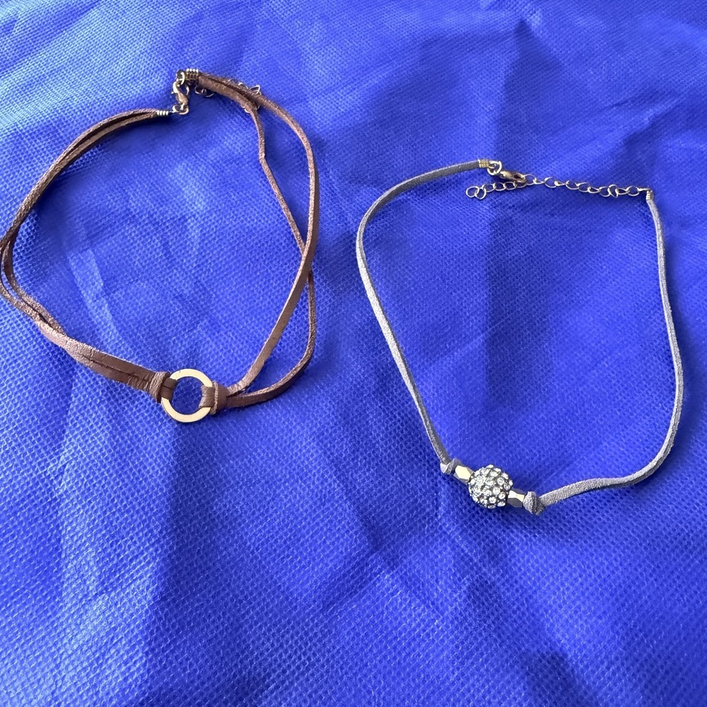 Choker Necklace Set Of 2 Faux Leather Gold Tone Ring Crystal Ball Women 16" Boho